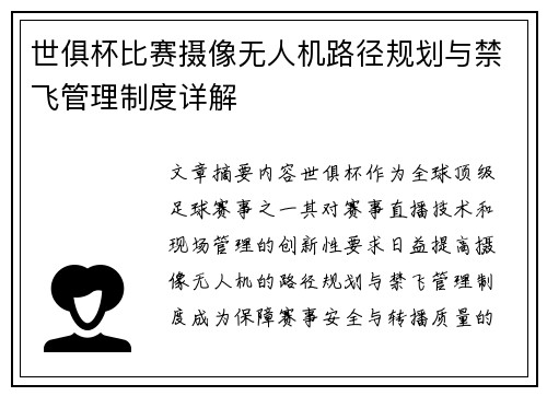 世俱杯比赛摄像无人机路径规划与禁飞管理制度详解